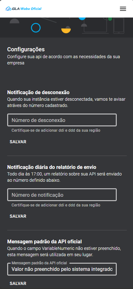 Painel no celular — Status